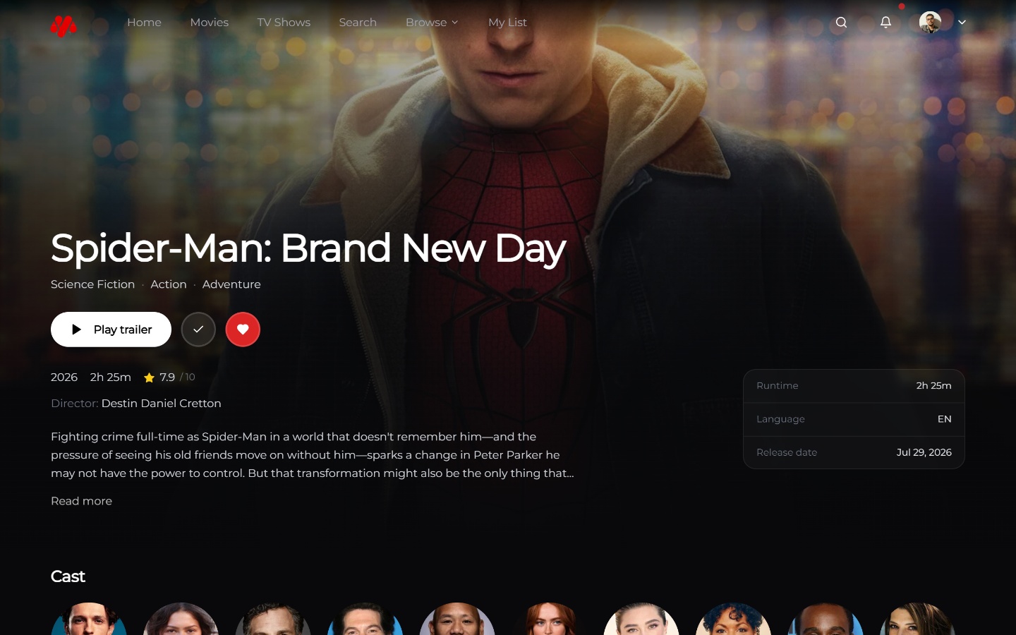 YMovies Spider-Man: Brand New Day film page with trailer, synopsis, rating, and cast